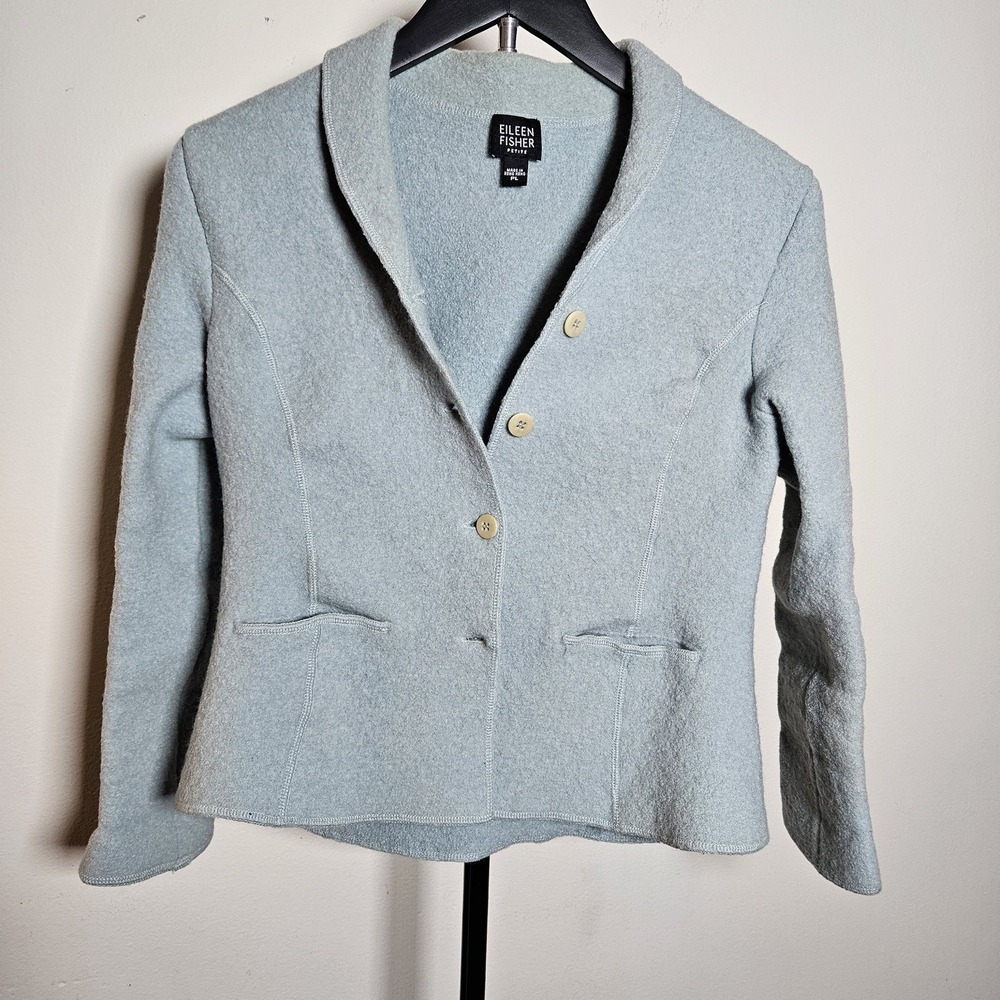 Eileen Fisher Boiled Wool Blazer Jacket Petite Large PL Light Blue Seafoam